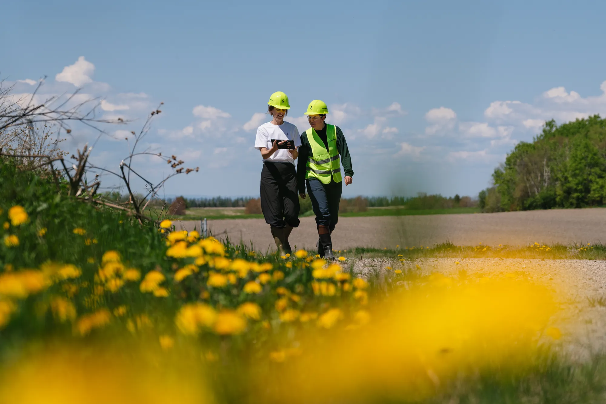 Deux techniciens environnementaux discutant sur le terrain, casques et vestes de sécurité